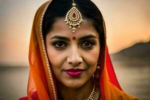 en skön indisk kvinna bär en sari. ai-genererad foto