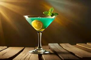 blå cocktail i en glas på en trä- tabell. ai-genererad foto