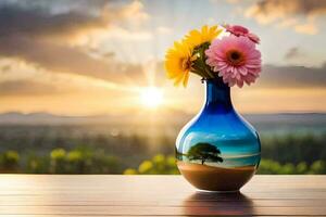 en vas med blommor på en tabell i främre av en solnedgång. ai-genererad foto