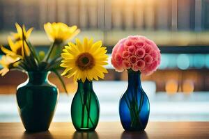 tre vaser med blommor på en tabell. ai-genererad foto