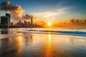 de Sol stiger över de stad horisont i dubai. ai-genererad foto