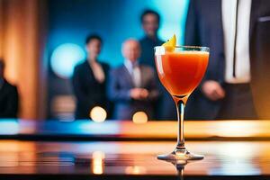 en cocktail Sammanträde på en bar med människor i de bakgrund. ai-genererad foto