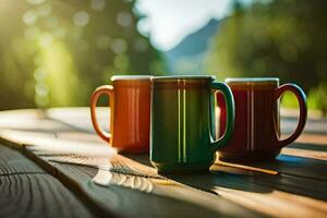 två färgrik kaffe muggar sitta på en trä- tabell. ai-genererad foto