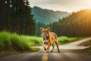 en tiger gående ner en väg i de mitten av de skog. ai-genererad foto