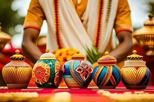 en man i indisk klädsel är innehav en pott med färgrik dekorationer. ai-genererad foto