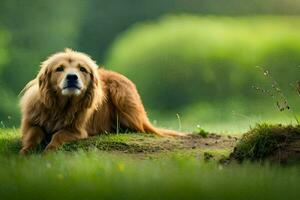 en gyllene retriever Sammanträde i de gräs. ai-genererad foto