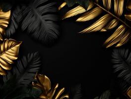 svart och gyllene tropisk blommig bakgrund kopia Plats. Plats för text ai genererad foto