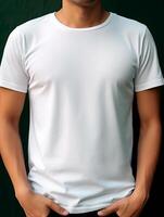 män vit t-shirt för attrapp design ai genererad foto