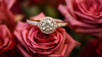fotografera ett elegant engagemang ringa terar en strålnings diamant inbäddat inom en säng av rosor. generativ ai foto
