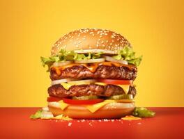 främre se gott kött burger med ost och sallad på mörk bakgrund ai genererad foto