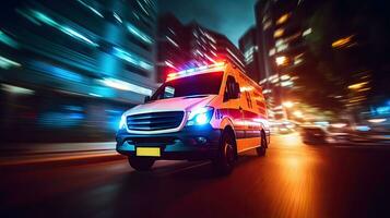 en medicinsk nödsituation ambulans körning under trafik sylt på stad väg. rusa timme begrepp. ambulans. generativ ai foto