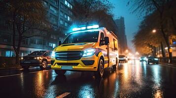 en medicinsk nödsituation ambulans körning under trafik sylt på stad väg. rusa timme begrepp. ambulans. generativ ai foto