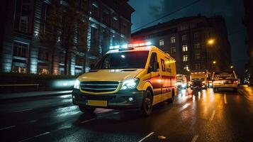 en medicinsk nödsituation ambulans körning under trafik sylt på stad väg. rusa timme begrepp. ambulans. generativ ai foto