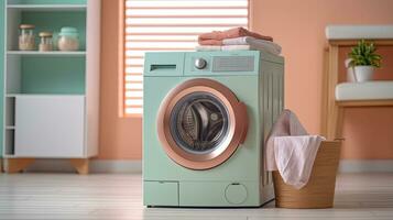 tvättning maskin, tvättning gel och tvätt korg i hus. interiör design. generativ ai foto