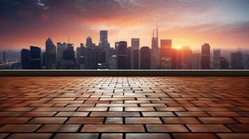 tömma tegel golv med stadsbild och horisont bakgrund. generativ ai foto