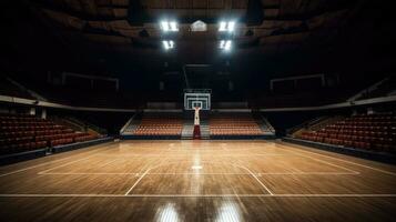 tömma av modern basketboll arena med trä- domstol. generativ ai foto