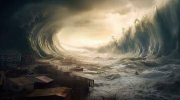jätte tsunami vågor, mörk stormig himmel, tornado. enorm vågor tsunami stor vågor. apokalyptisk begrepp. generativ ai foto