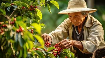 vietnamese jordbrukare plockning arabica kaffe bär robusta förbi hand. generativ ai foto