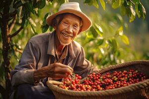 porträtt av Lycklig vietnamese jordbrukare i de bakgrund, där är en jordbrukare plockning bär av arabica och robusta kaffe. generativ ai foto