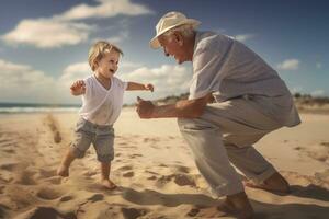 Lycklig farfar spelar med barnbarn på strand. generera ai foto