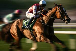 lopp hästar, lopp hästar med jockeys med rörelse fläck. jockeying för de vinna i de kapplöpningsbana. generativ ai foto