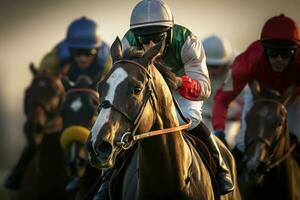 lopp hästar, lopp hästar med jockeys med rörelse fläck. jockeying för de vinna i de kapplöpningsbana. generativ ai foto