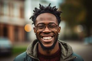 Lycklig nöjd svart människor man bär glasögon porträtt utanför. generativ ai foto