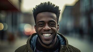 Lycklig nöjd svart människor man porträtt utanför. generativ ai foto