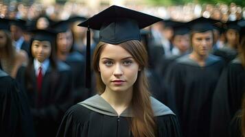 en ung kvinna leende examen mot de bakgrund av universitet akademiker. generativ ai foto