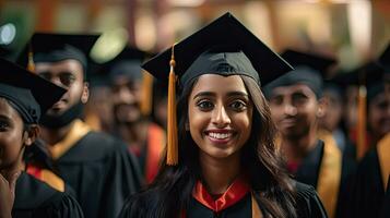 Lycklig indisk kvinna examen mot de bakgrund av universitet akademiker. generativ ai foto