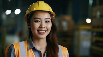 en skön leende på kamera asiatisk kvinna ingenjör i säkerhet väst och hjälm. professionell asiatisk kvinna arbetssätt i de modern tillverkning fabrik. generativ ai foto