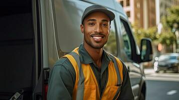en leende manlig leverans arbetstagare i främre av hans skåpbil. transport. generativ ai foto