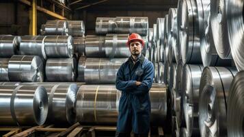 porträtt av arbetstagare med rullar av galvaniserad stål ark inuti de fabrik eller lager. generativ ai foto