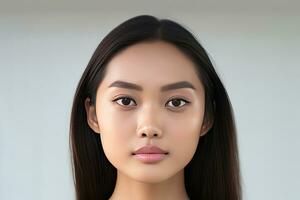 asiatisk kvinnor porträtt, skön ung asiatisk kvinna med rena färsk hud på vit bakgrund, ansikte vård, ansiktsbehandling behandling, kosmetologi, skönhet och spa. generativ ai foto
