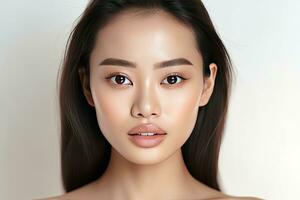 asiatisk kvinnor porträtt, skön ung asiatisk kvinna med rena färsk hud på vit bakgrund, ansikte vård, ansiktsbehandling behandling, kosmetologi, skönhet och spa. generativ ai foto