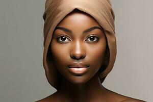 afrikansk amerikan kvinna med rena friska hud på beige bakgrund. leende drömmande skön afro flicka. generativ ai foto