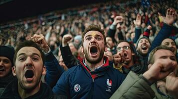 franska fläkt, fira de Framgång. supportrar heja på i blekare i franska rugby match 2023. generativ ai foto