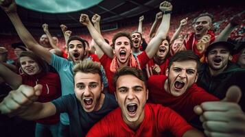 grupp av fläktar fotboll fira de Framgång av deras favorit sporter team på de står av de professionell stadion. generativ ai foto