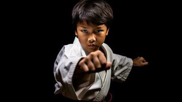 asiatisk pojke karate krigisk konst. taekwondo. generativ ai foto