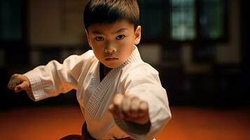 asiatisk pojke karate krigisk konst. taekwondo. generativ ai foto