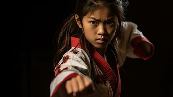 asiatisk flicka karate krigisk konst. taekwondo. generativ ai foto