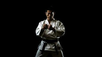 asiatisk karate man stående med svart bälte isolerat på svart bakgrund. taekwondo. generativ ai foto