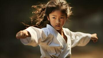 asiatisk flicka karate krigisk konst. taekwondo. generativ ai foto