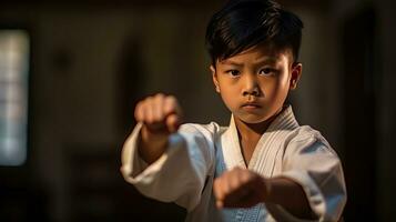 asiatisk pojke karate krigisk konst. taekwondo. generativ ai foto