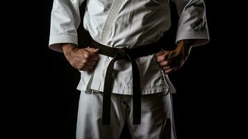 asiatisk karate man stående med svart bälte isolerat på svart bakgrund. taekwondo. generativ ai foto
