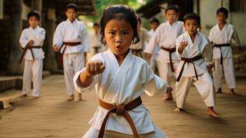 asiatisk barn karate krigisk konst. taekwondo. generativ ai foto