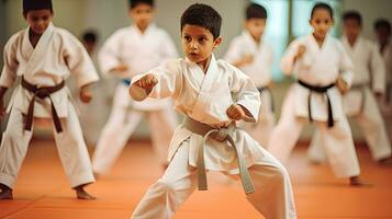 asiatisk barn karate krigisk konst. taekwondo. generativ ai foto