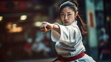 asiatisk kvinna karate krigisk konst. taekwondo. generativ ai foto