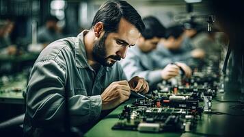 en manlig elektronik fabrik arbetstagare montering smartphones med skruvmejsel. hög tech fabrik anläggning med Mer anställda i de bakgrund. generativ ai foto