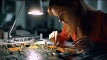 en kvinna är använder sig av plier till montera tryckt krets styrelse för smartphone. elektronik fabrik arbetare i en hög tech fabrik anläggningen. generativ ai foto